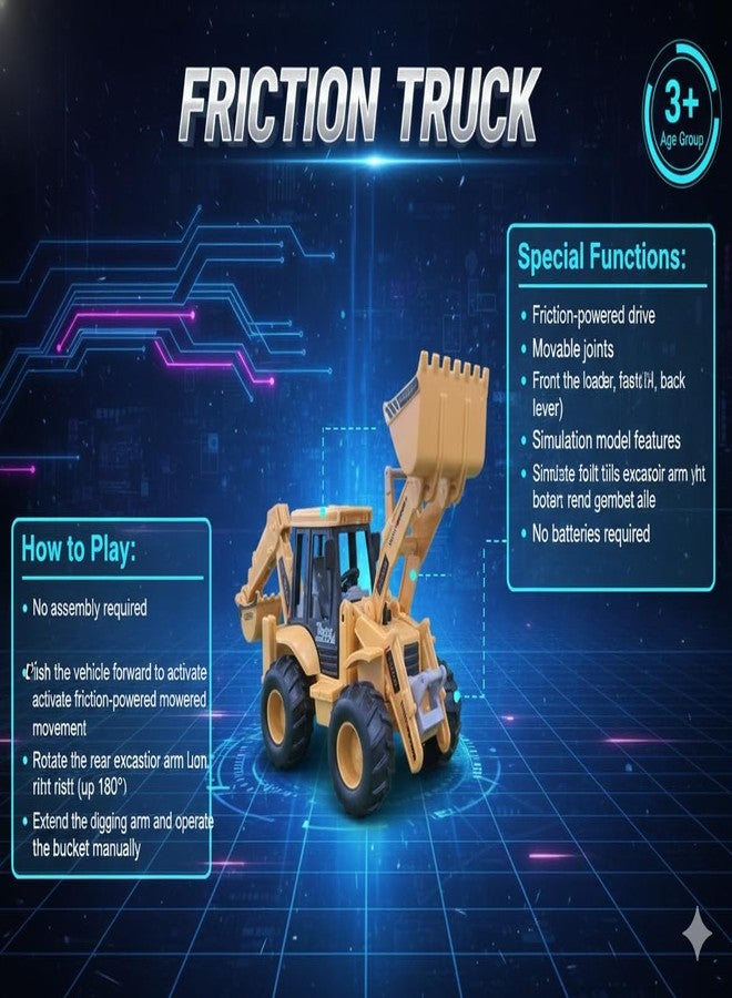 eToymart Friction Power Bulldozer and Excavator Construction Toy Vehicle for Kids | Push & Go Digger Truck with Front Loader & Rear Excavator | Realistic Design | Non-Toxic ABS (3+ Years) - Image 5